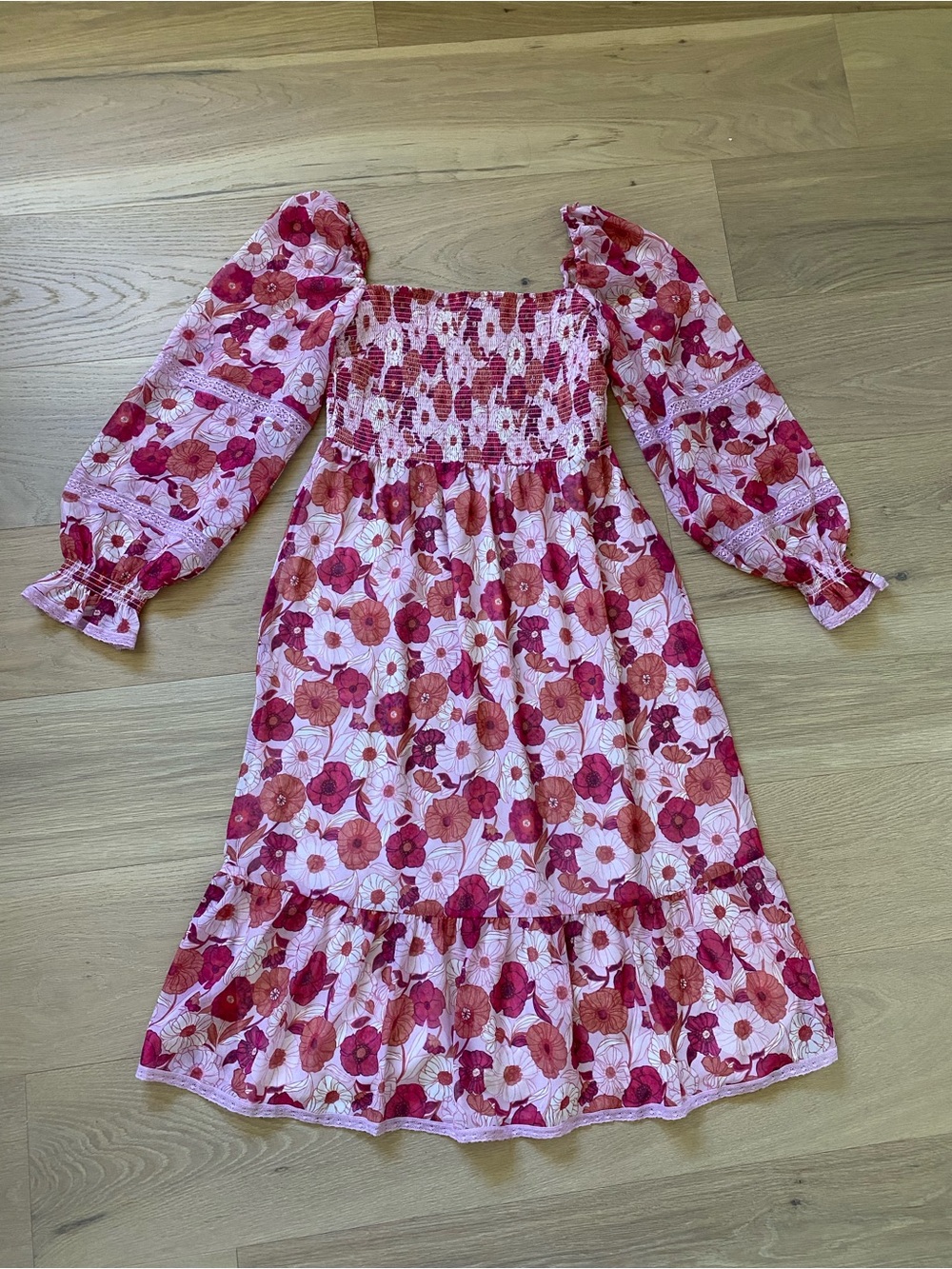 Wilfred Pink and Red Floral Smocked Puff-Sleeve Dress